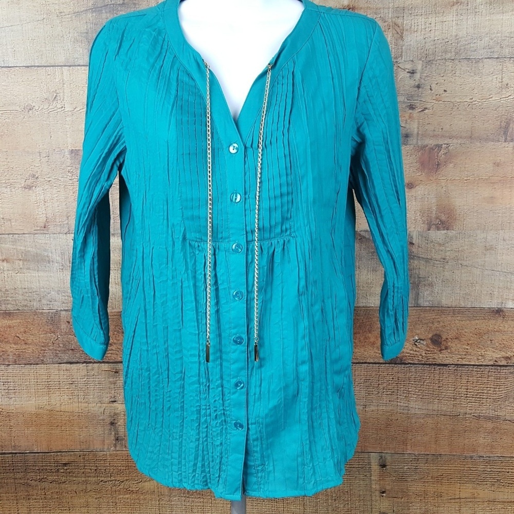 Kim Rogers Petite Top Blouse Women's Blue Size PM Attached Chains